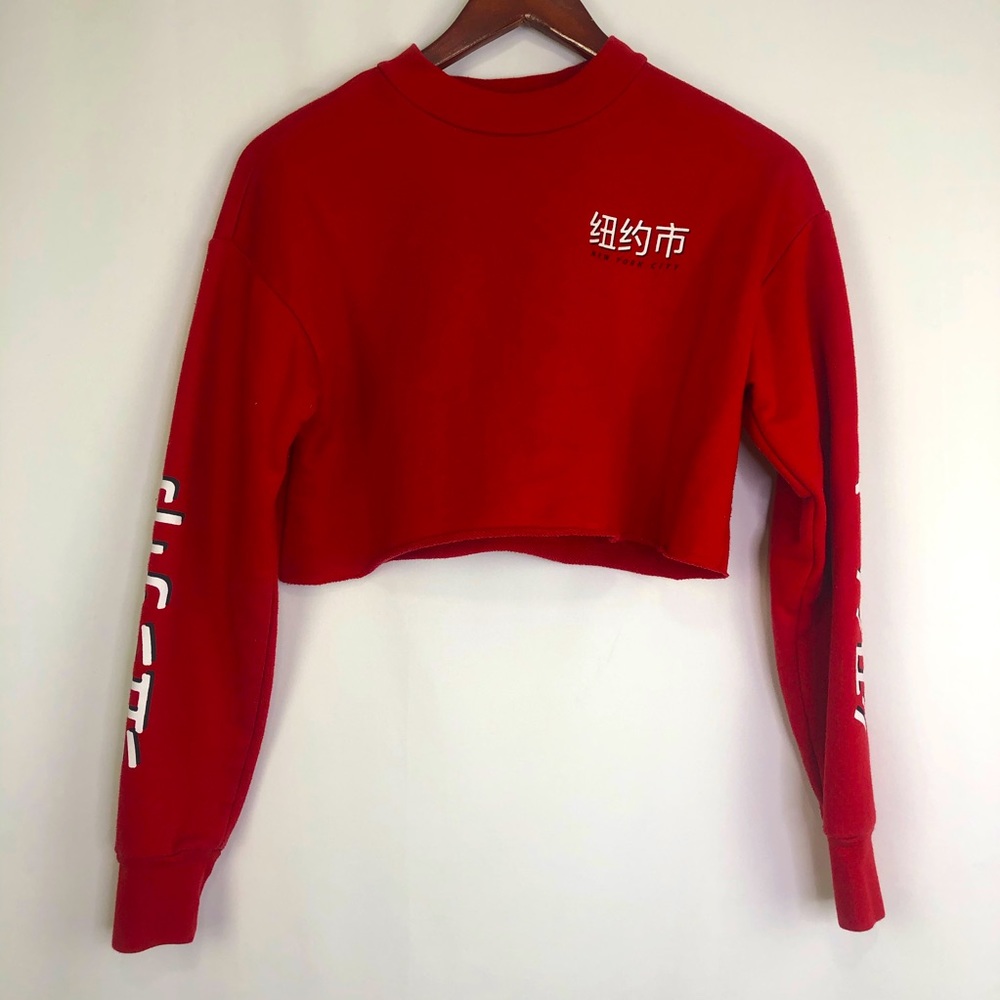 Forever21 Crop Top Long Sleeve New York Red Sweater Streetwear Tokyo Biker